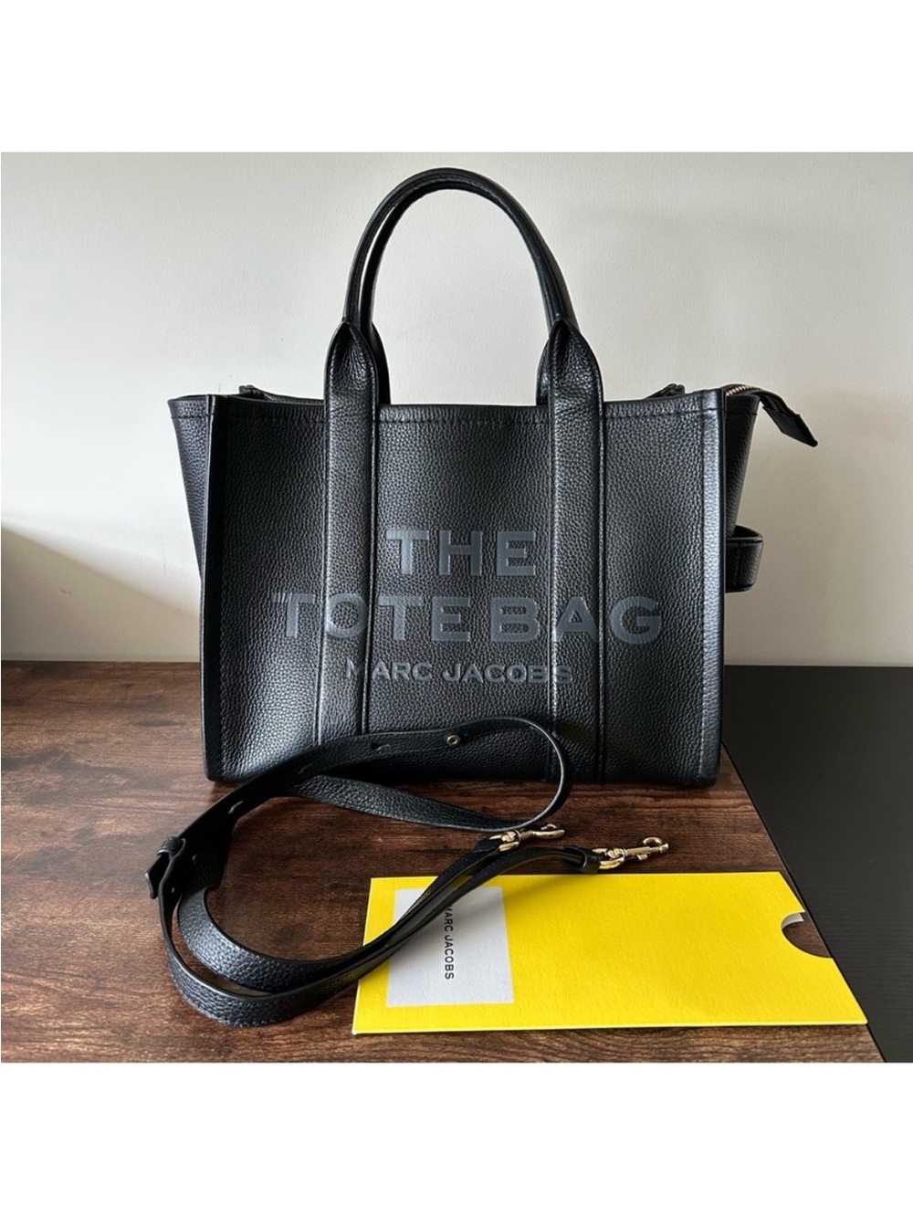 Marc Jacobs Black THE TOTE BAG genuine Leather Tote with Removable long Strap